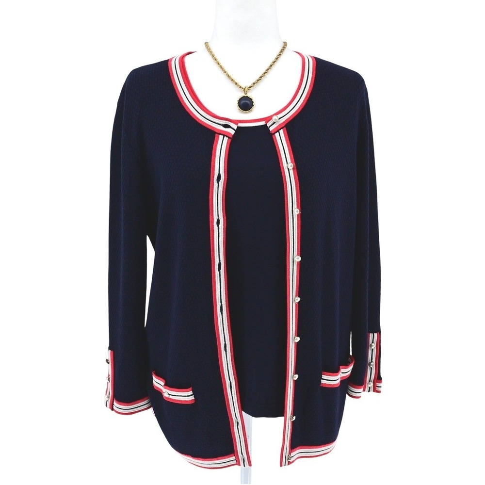Talbots Preppy Navy Blue Red White Striped Trim Cardigan Shell Twin Set Luxe - Picture 2 of 16